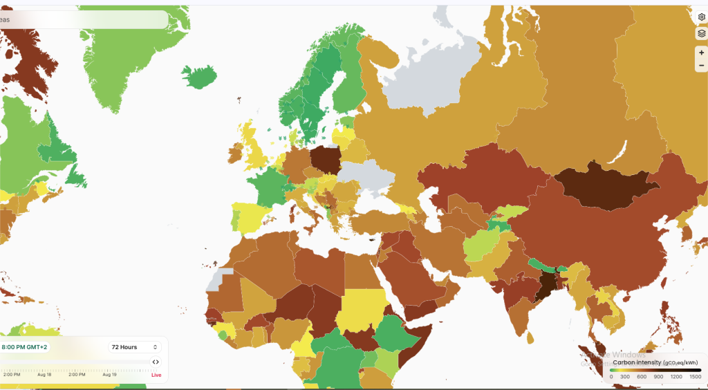 Nešto realniji prikaz. Foto: https://app.electricitymaps.com/map/72h/hourly 